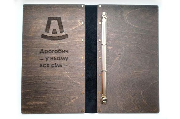 Wooden menu with leather spine